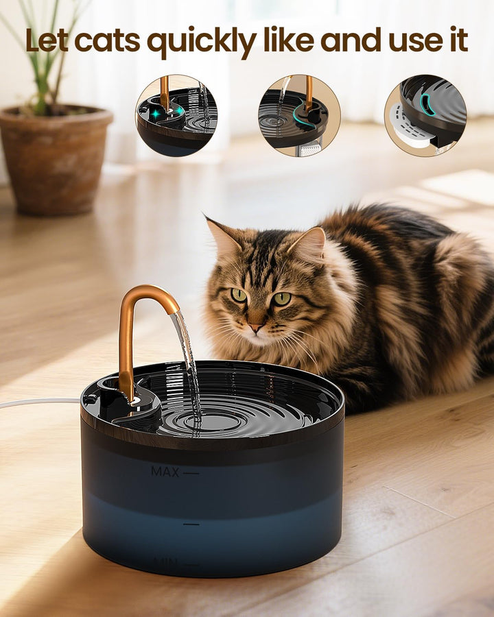Cat Water Fountain, 71Oz/2.1L Cat Fountain for Drinking with Copper Faucet, -Designed Pump & Filter, Plastic Automatic Pet Water Fountain Bowl & Dispenser with 3-Pack Replaceable Filters